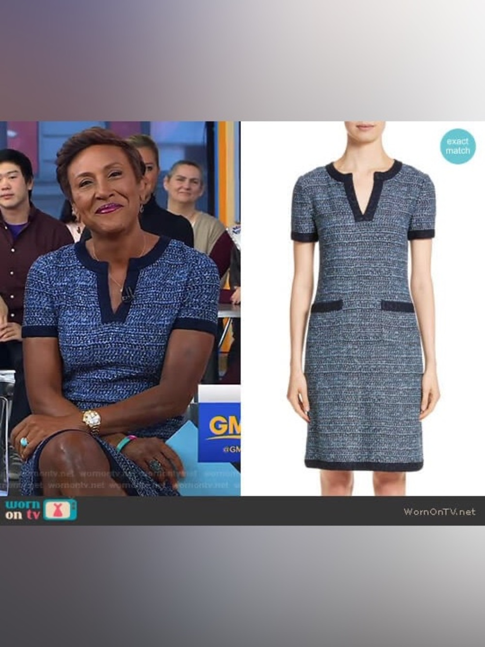 St John Robin Blue Tweed V Neck Dress